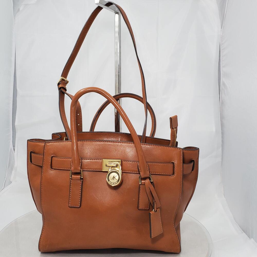 Michael Kors Hamilton Brown Leather Medium Satchel Tote Bag Gold Lock Feet